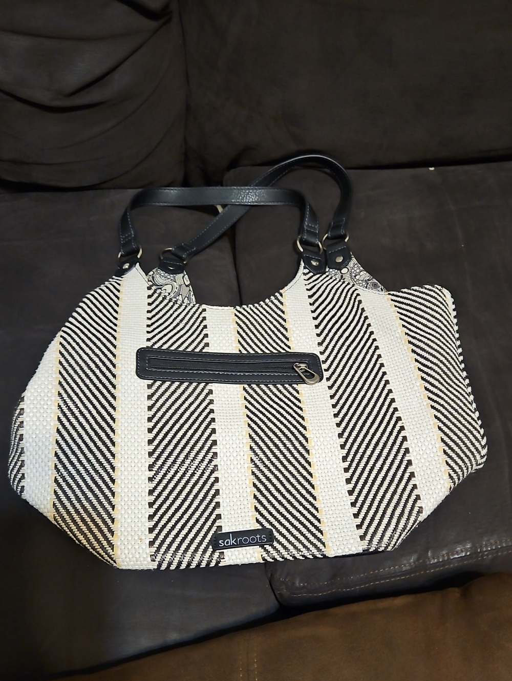 Sakroots Black and White Striped Shoulder Tote with Black Handles